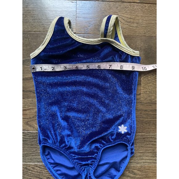 Snowflake Designs Girls Sparkly Blue Velvet Leotard Small With Gold Trim - Picture 6 of 7